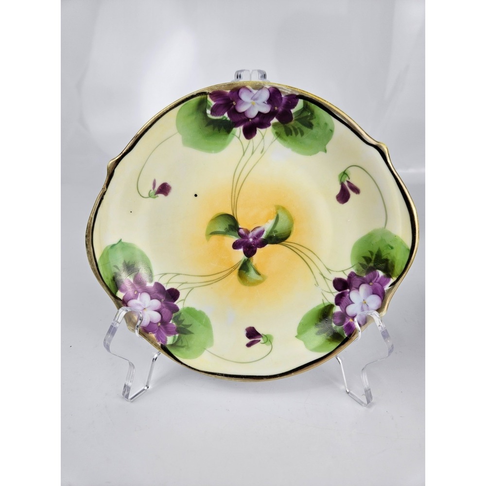 Antique Nippon E-OH Hand Painted Violet Dishes Pair Yellow Gold Rim 1891-1921 - Picture 3 of 9